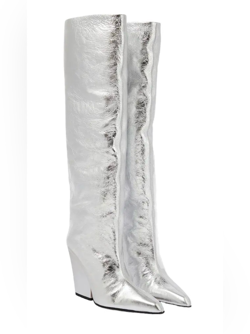 Paris Texas Jane Silver Over-the-Knee Crinkled Leather Metallic Boots New In Box